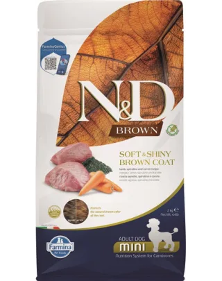 FARMINA N&amp;D Brown Dog Adult Mini Lamb, Spirulina &amp; Carrot 2 kg Hrana caini talie mica, blana maro, cu miel, morcov si spirulina
