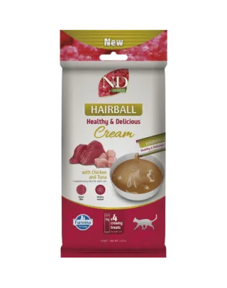 Gustare cremoasă anti-ghemotoace pentru pisici adulte FARMINA N&amp;D Quinoa Hairball 4x15 g cu pui și ton