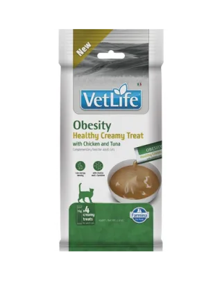 Recompensă cremoasă pisici adulte supraponderale FARMINA Vet Life Obesity 4x15 g cu pui și ton