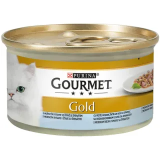 PURINA Gourmet Gold Double Pleasure, Pește oceanic cu Spanac, conservă hrană umedă pisici, (în sos), 85g