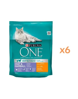 PURINA ONE Coat &amp; Hairball 6x800 g hrană pisici adulte, cu pui și cereale integrale, pentru blană și ghemotoace de păr