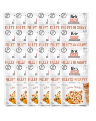 BRIT Care Cat Fillets in Gravy Mix 48 x 85 g plicuri hrană umedă pisici, fileuri în sos cu pui, curcan și somon