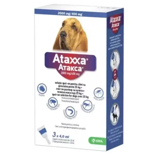 Ataxxa 2000 mg/400 mg, antiparazitar extern pentru caini de talie mare (25-40 kg), 3 pipete