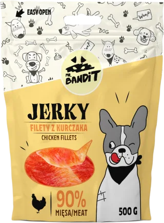 Recompense pentru caini Mr. Bandit JERKY, pui, 500g