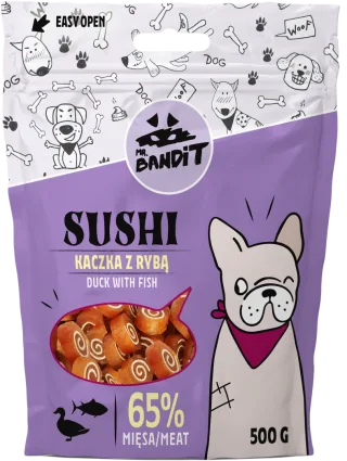 Recompense pentru caini Mr. Bandit SUSHI, rata si peste, 500g