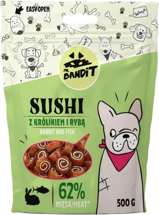 Recompense pentru caini Mr. Bandit SUSHI, iepure si peste, 500g