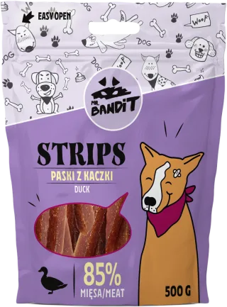 Recompense pentru caini Mr. Bandit STRIPS, rata, 500g