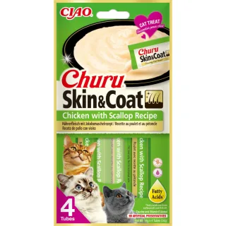 INABA Churu Skin & Coat, Pui și Scoici, plic, tub recompense fără cereale pisici, piele & blană, (piure), 56g