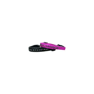 Zgarda din piele sintetica, roz/negru, cu strasuri si clopotel, 1 cm x 30 cm, pentru caini si pisici de talie mica