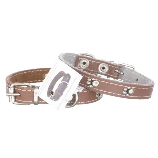 Zgarda din piele, maro, cu strasuri, 1,4 cm x 30 cm, nr 0, pentru caini de talie mica
