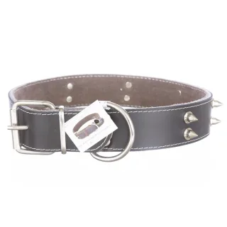 Zgarda din piele, neagra, cu 2 randuri de colti metalici, 4 cm x 65 cm