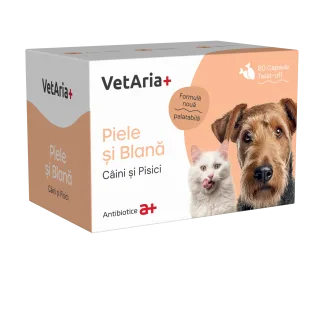 Supliment piele si blana pentru caini si pisici, VetAria+, 60 capsule, twist-off