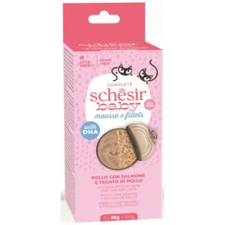 Hrana umeda pentru pisici Schesir Baby Pachet Conserve pentru pisicuţe, Mousse Pui/Somon 3x55 gr