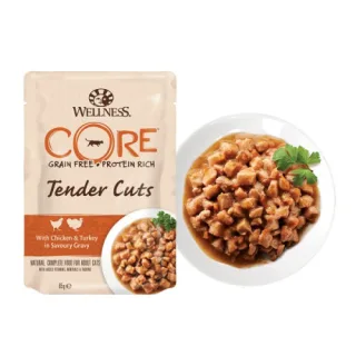 Hrana umeda pentru pisici Wellness Core Tender Cuts cu pui si curcan in sos 85 g