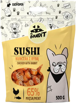 Recompense pentru caini Mr. Bandit SUSHI, pui si peste, 500g