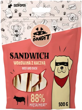 Recompense pentru caini Mr. Bandit SANDWICH, vita cu rata, 500g