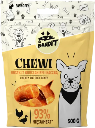 Recompense pentru caini Mr. Bandit CHEWI, oase de pui si rata, 500g