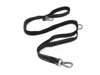 Lesa multifunctionala pentru caini, neagra, cu bungee si inel D metalic, lungime 120-170 cm, pentru caini cu greutate de pana la 48 kg