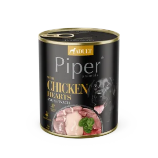 Hrana umeda pentru caini PIPER DOG, inimi de pui si spanac. 800g