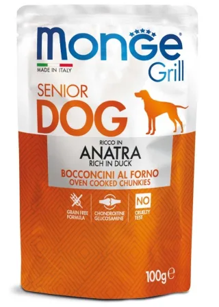 Monge Grill Chunkies Senior - Hrana umeda super-premium pentru caini- Rata - 100g