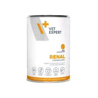 Dieta veterinara umeda pentru caini adulti cu afectiuni renale Vet Expert Renal Dog, pui si orez, 6 x 400 g