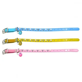 Zgarda din piele sintetica, roz, cu strasuri si clopotel, 1 cm x 30 cm, pentru caini si pisici de talie mica