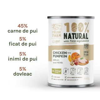 Fresh Farm Coarse pate, cu pui, dovleac, mere si ierburil, hrana umeda pentru caini, fara cereale, 400 gr
