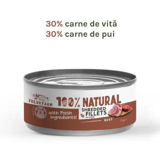 Fresh Farm Shreddet Fillet, cu vita si pui in sos, hrana umeda pentru pisici, fara cereale, 70 gr
