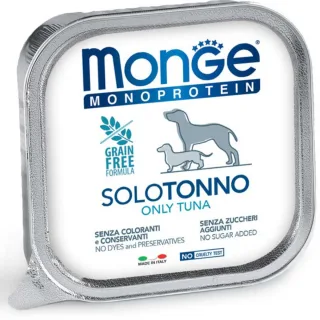 MONGE Monoprotein, XS-XL, Ton, tăviță hrană umedă monoproteică fără cereale câini, (pate), 150g