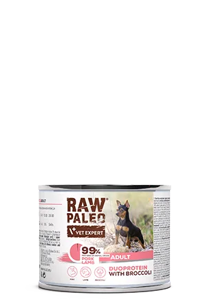 Hrană umedă pentru câini, adult, Raw Paleo Duo Protein, Porc cu Miel și Broccoli, Set 5 X 200g