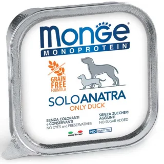 MONGE Monoprotein, XS-XL, Rață, tăviță hrană umedă monoproteică fără cereale câini, (pate), 150g
