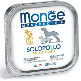 MONGE Monoprotein, XS-XL, Pui, tăviță hrană umedă monoproteică fără cereale câini, (pate), 150g