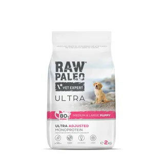 Hrană uscată pentru câini junior, Raw Paleo Ultra Pork, talie medie si mare, Pachet 2 X 2 kg