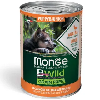 MONGE BWild Puppy&Junior, XS-XL, Rață și dovleac, conservă hrană umedă fără cereale câini junior, (în sos), 400g