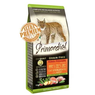 Primordial Grain-Free Holistic Cat Adult Neutered Exigent cu Somon si Prepelita, 2 kg