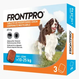 Antiparazitar caini impotriva puricilor si a capuselor, sub forma de comprimat, FrontPro L 68 mg, pentru caini intre 10-25 kg, 1 comprimat