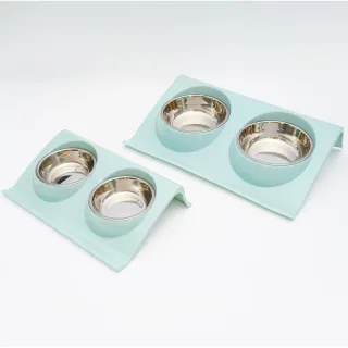 Castron dublu metalic hrana si apa pentru caini si pisici, cu suport plastic ridicat, Large, 37,5 X 25 X 7.5 cm, albastru
