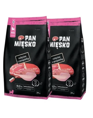 PAN MIĘSKO Hrană uscată cu vițel și prepeliță pentru căței XS 2x20 kg