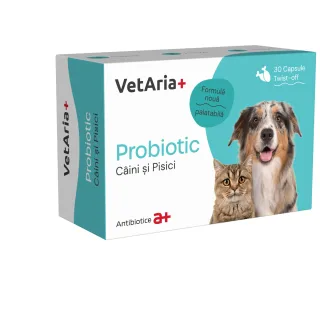 VETARIA+ Probiotic, supliment sistem digestiv & probiotice câini și pisici, Pui, capsule VETARIA+ Probiotic, XS-XL, supliment sistem digestiv & probiotice câini și pisici, Pui, cutie, 30 capsule