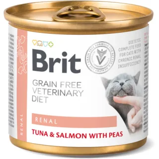 BRIT VD Renal, Ton și Somon, dietă veterinară, conservă hrană umedă fără cereale pisici, sistem renal, (în aspic), 200g