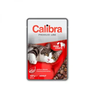 CALIBRA Premium Line, Pui și Vită, plic hrană umedă pisici, (în suc propriu), 100g