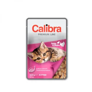 CALIBRA Premium Line Kitten, Curcan și Pui, plic hrană umedă pisici junior, (în suc propriu), 100g