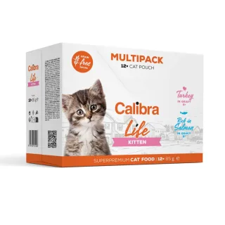 CALIBRA Life Kitten Multipack, Curcan și Somon, plic hrană umedă fără cereale pisici junior, (în sos), multipack, 85g x 12buc