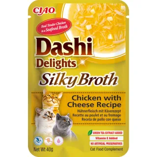 INABA Churu Dashi Delights Silky Broth, Pui și Brânză, plic hrană umedă fără cereale pisici, (topping), 40g