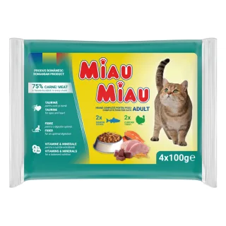 MIAU MIAU Mixt, Curcan și Somon, plic hrană umedă pisici, (în sos), multipack, 100g x 4buc