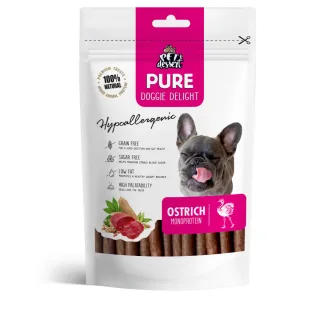 PET'S DESSERT Pure Doggie Delight Hypoallergenic, XS-XL, Struț, punguță recompense monoproteice fără cereale câini, alergii, 80g