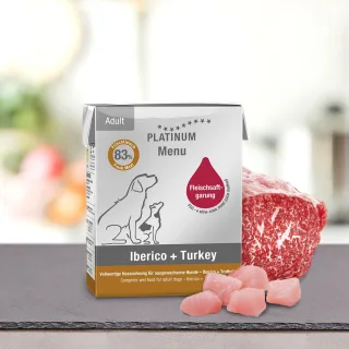 PLATINUM, XS-XL, Iberico și Curcan, tetra pack hrană umedă fără cereale câini, (în suc propriu), 185g