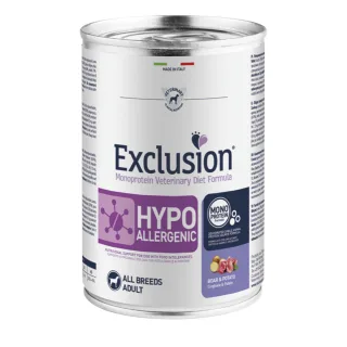 EXCLUSION Monoprotein VD Hypoallergenic, XS-XL, Mistreț Cartofi, dietă veterinară, conservă hrană umedă fără cereale câini, alergii, (pate), 400g