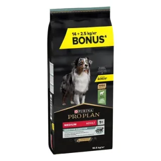 Hrana uscata pentru caini Pro Plan Medium Adult Sensitive Digestion cu miel 14 kg + 2,5 kg Gratis