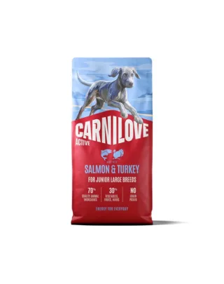 Hrană uscată 12 kg pentru câini juniori în creștere de rase mari CARNILOVE Active Dog Salmon &amp; Turkey Junior Large Breeds somon și curcan